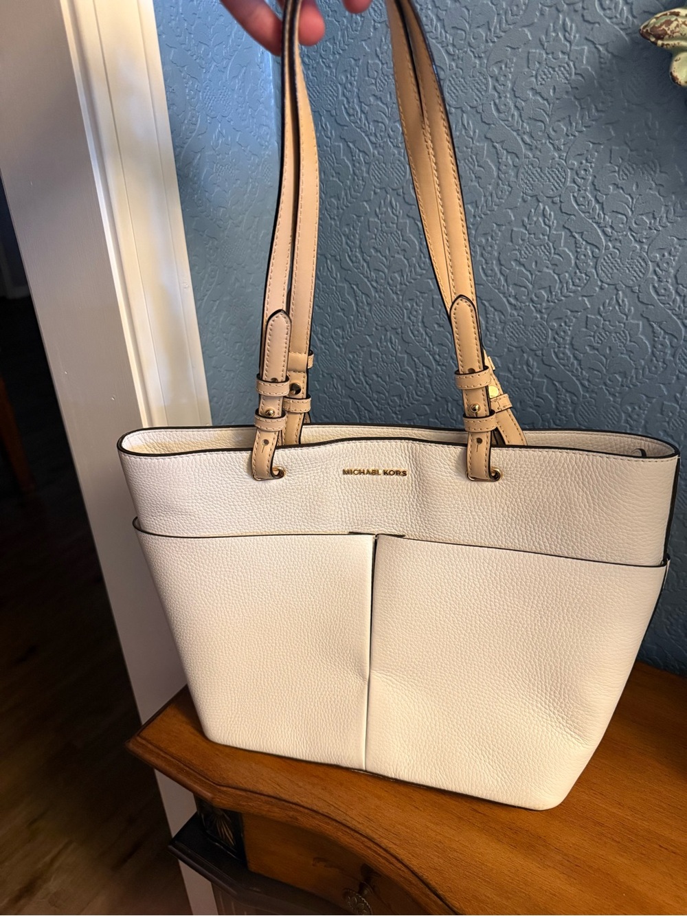 Michael Kors White Pebbled Leather Tote with Beige Straps